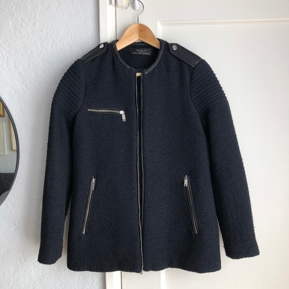 Zara Jackets & Blazers - Zara Oversized Navy Jacket with Faux Leather Trim